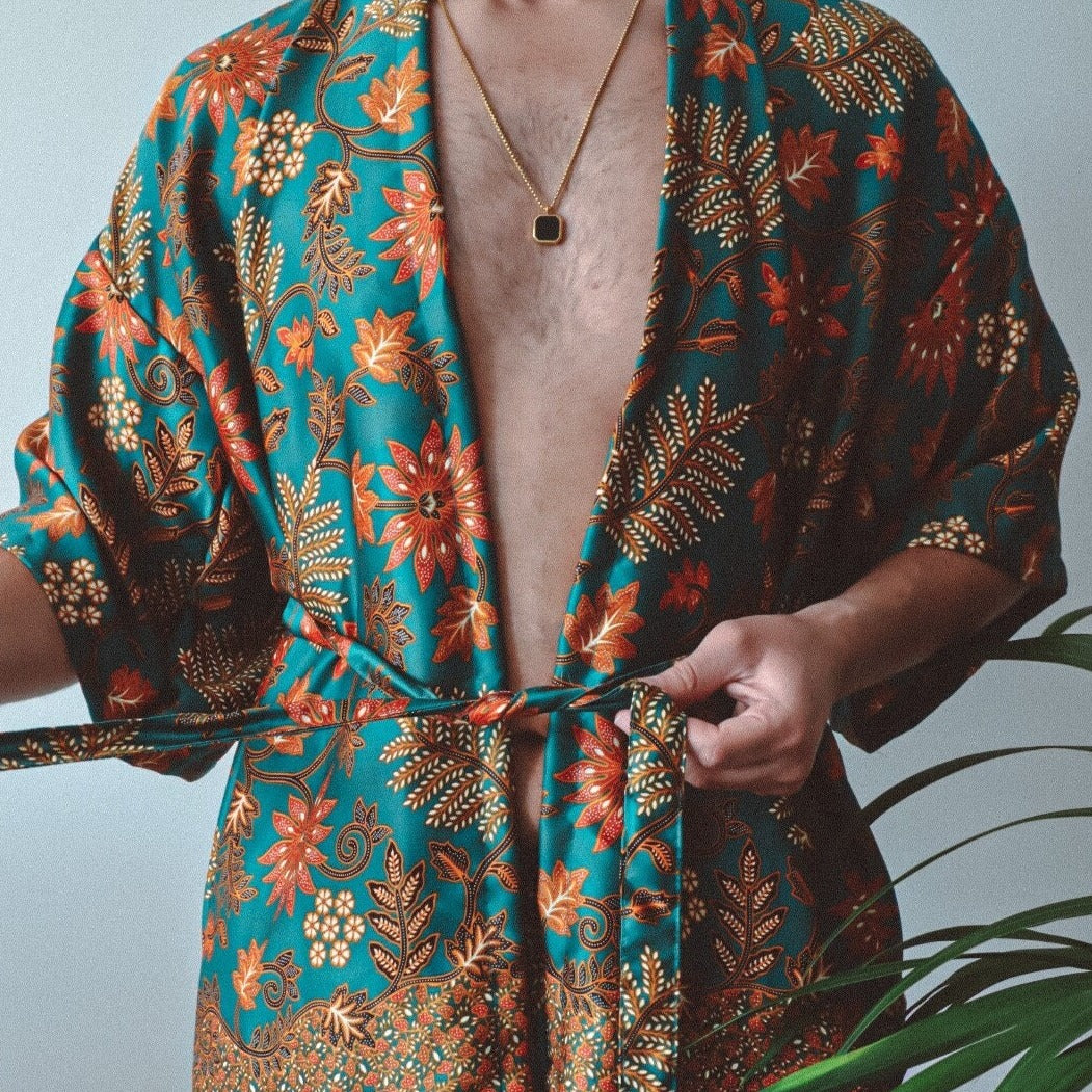 Ensemble Kimono et Short en Soie Florale Bleu Sarcelle Homme - Tiger Lily