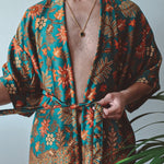 Load image into Gallery viewer, Teal Floral Silk Kimono and Shorts Set Mens - Tiger Lily

