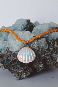 White Seashell Orange Beaded Necklace Silver