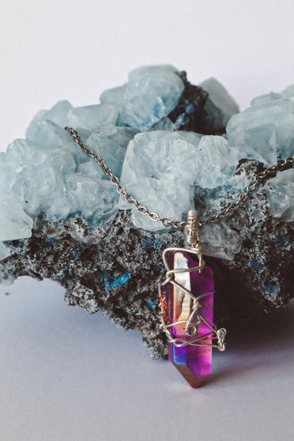 Violet Aura Quartz Point Necklace - Silver