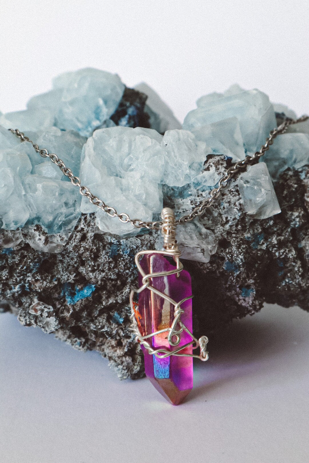 Violet Aura Quartz Point Necklace - Silver