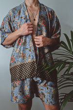 Load image into Gallery viewer, Purple Floral Silk Kimono and Shorts Set Mens - Water Lily
