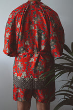 Load image into Gallery viewer, Red Floral Silk Kimono Shorts Set Mens - Camellia
