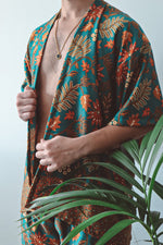 Load image into Gallery viewer, Teal Floral Silk Kimono and Shorts Set Mens - Tiger Lily
