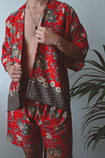 Load image into Gallery viewer, Camellia -  Red Floral Silk Kimono Shorts Set Mens
