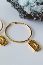 Load image into Gallery viewer, celestial earrings, celestial hoop earrings gold, gold earrings, gold hoop earrings, statement hoop earrings, celestial moon jewelry, malta jewellery, malta jewellery brand, gold moon earrings, handmade moon earrings
