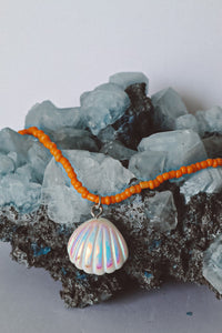 White Seashell Orange Beaded Necklace Silver