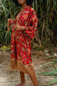 Red Floral Silk Kimono Robe - Asoka