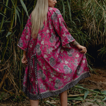 Pink Silk Kimono Floral Dress - Plumeria