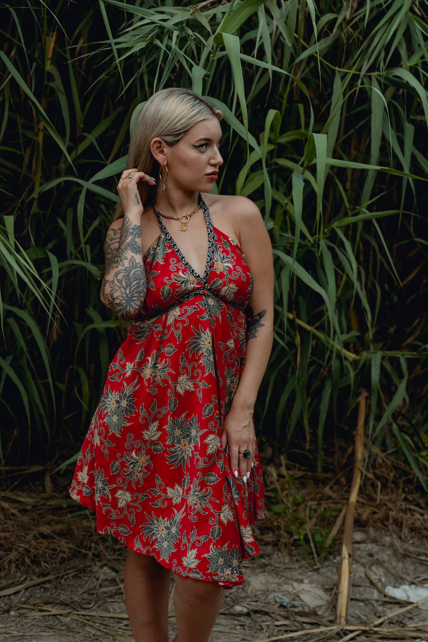 Red Floral Silk Mini Dress - Camellia