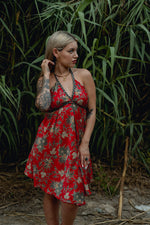 Load image into Gallery viewer, Red Floral Silk Mini Dress - Camellia

