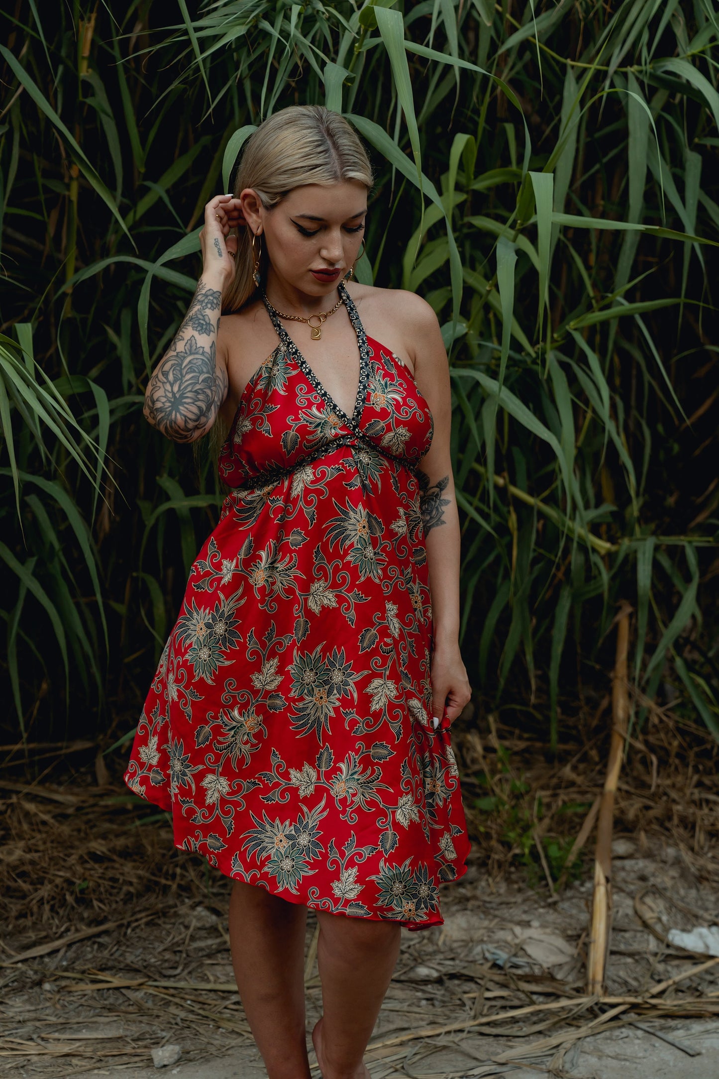 Red Floral Silk Mini Dress - Camellia