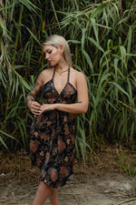Load image into Gallery viewer, Black Floral Silk Mini Dress - Midnight Blossom
