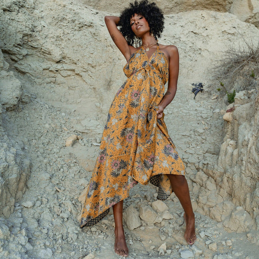 Yellow Floral Silk Maxi Dress - Chrysanthemum