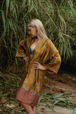 Load image into Gallery viewer, Yellow Floral Silk Kimono Robe - Marigold
