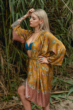Load image into Gallery viewer, Yellow Silk Kimono Cardigan Floral - Marigold
