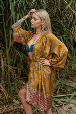 Load image into Gallery viewer, Yellow Floral Silk Kimono Robe - Marigold
