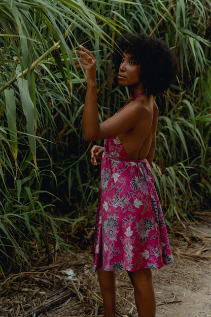 pink floral silk dress, midi silk dress, wedding guest silk dress, garden party dress, floral dress silk, bali silk dress, boho silk dress, bohemian dress short, floral print silk dress, handmade silk dress, summer silk dress