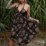 Load image into Gallery viewer, Black Floral Silk Mini Dress - Midnight Blossom
