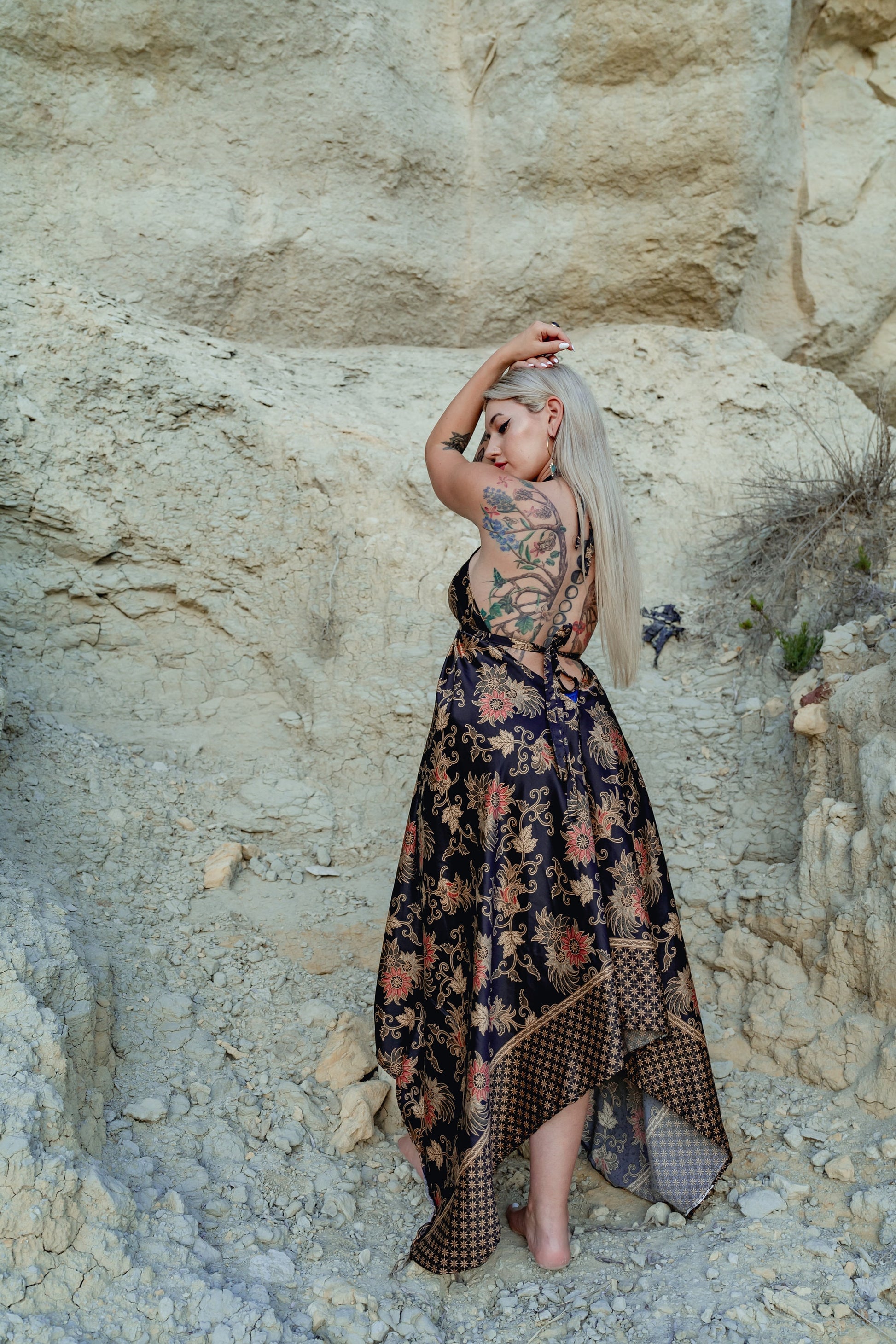 Black Floral Silk Maxi Dress - Midnight Blossom