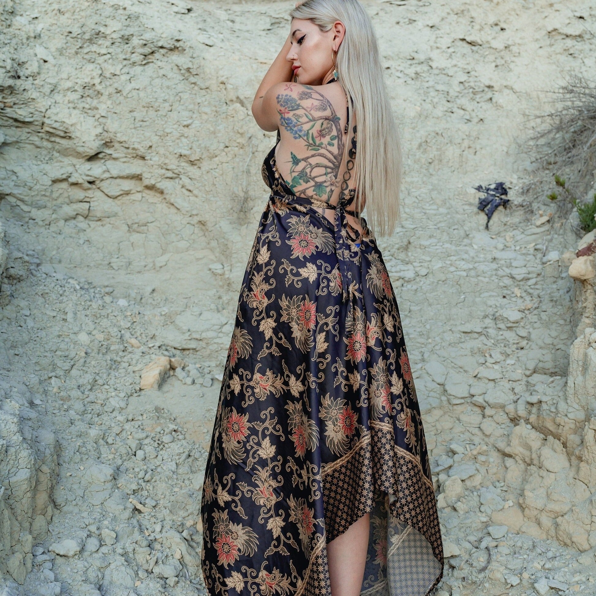 Black Floral Silk Maxi Dress - Midnight Blossom