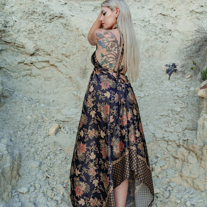 Black Floral Silk Maxi Dress - Midnight Blossom