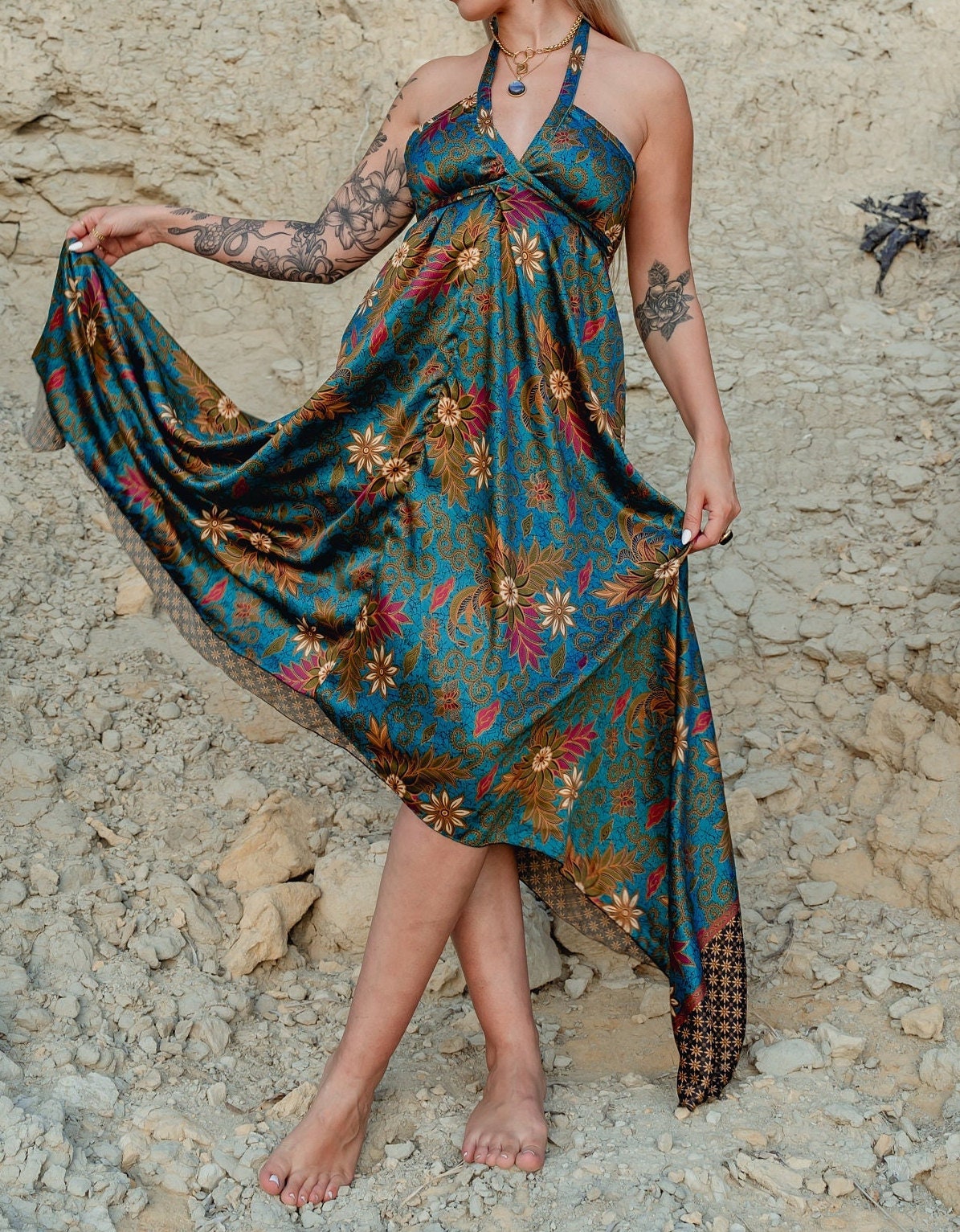 Blue Floral Silk Maxi Dress - Nerium