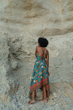 Load image into Gallery viewer, blue floral silk dress, floor length silk dress, wedding guest silk dress, garden party dress, floral dress silk, bali silk dress, boho silk dress, bohemian dress long, floral print silk dress, handmade silk dress, summer silk dress
