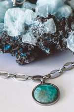 Load image into Gallery viewer, Blue Larimar Pendant Chain necklace silver, genuine larimar gemstone chain jewelry, choker jewelry, festival, chunky, large
