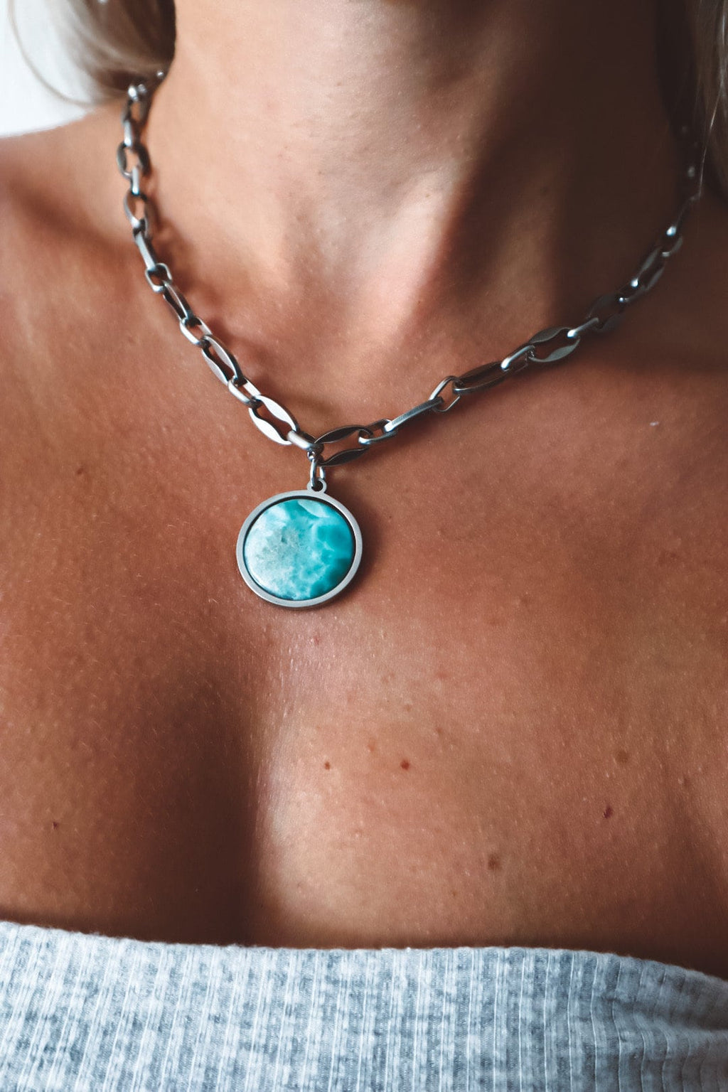 Blue Larimar Pendant Chain necklace silver, genuine larimar gemstone chain jewelry, choker jewelry, festival, chunky, large