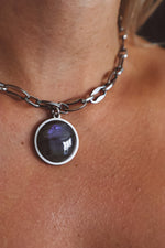Load image into Gallery viewer, Purple labradorite Chain necklace silver, toggle, gemstone pendant, chunky chain jewelry, silver layerable necklace, festival, rave, grunge
