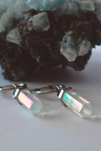 earrings with gemstone, earring for women, earring jewelry, dangling gem earrings,  gemstone dangle earrings,Rainbow Angel Aura Quartz Huggie Earrings Hoops Silver, bohemian crystal earrings jewelry, boho jewellery, gemstone hoop, crystal and silver, 