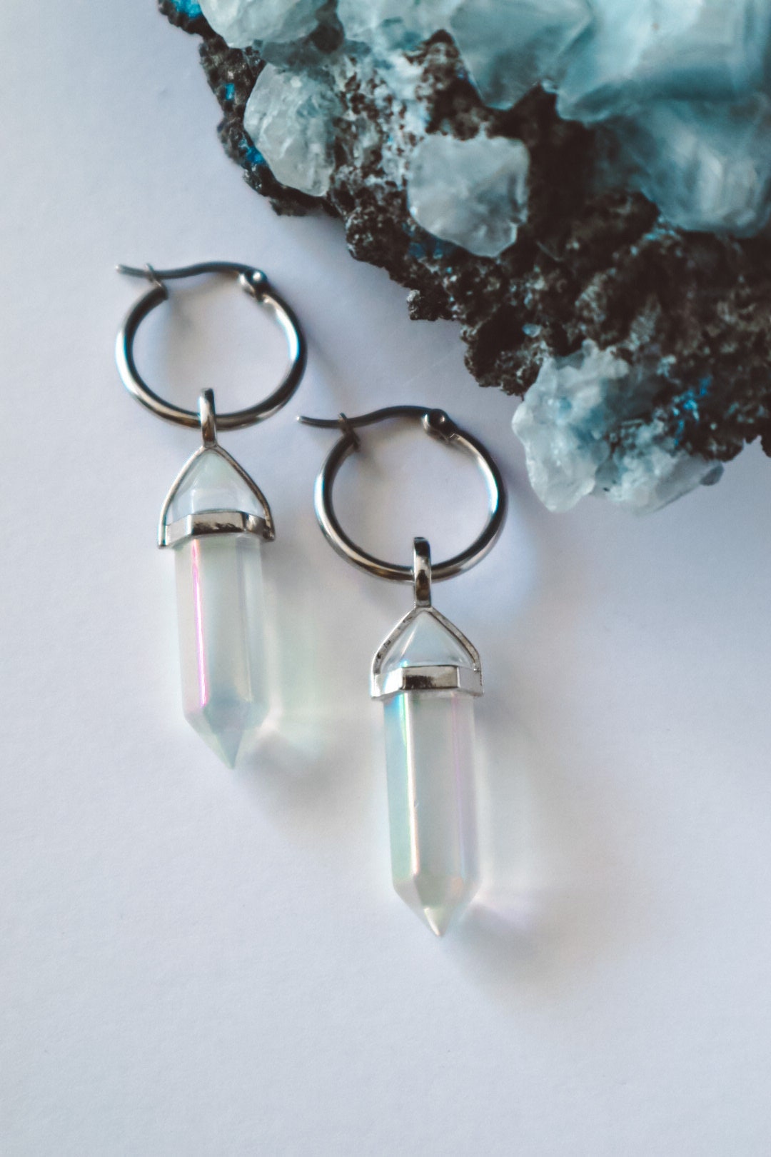 earrings with gemstone, earring for women, earring jewelry, dangling gem earrings,  gemstone dangle earrings,Rainbow Angel Aura Quartz Huggie Earrings Hoops Silver, bohemian crystal earrings jewelry, boho jewellery, gemstone hoop, crystal and silver, 