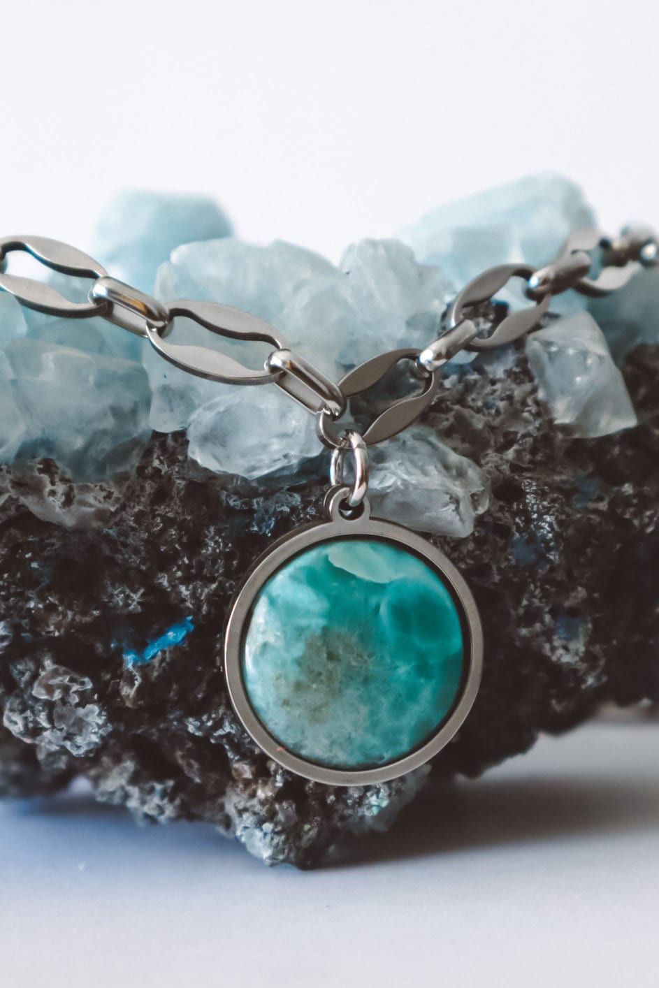 Blue Larimar Pendant Chain necklace silver, genuine larimar gemstone chain jewelry, choker jewelry, festival, chunky, large