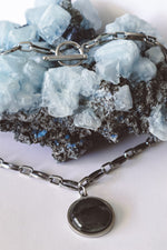 Load image into Gallery viewer, Purple labradorite Chain necklace silver, toggle, gemstone pendant, chunky chain jewelry, silver layerable necklace, festival, rave, grunge
