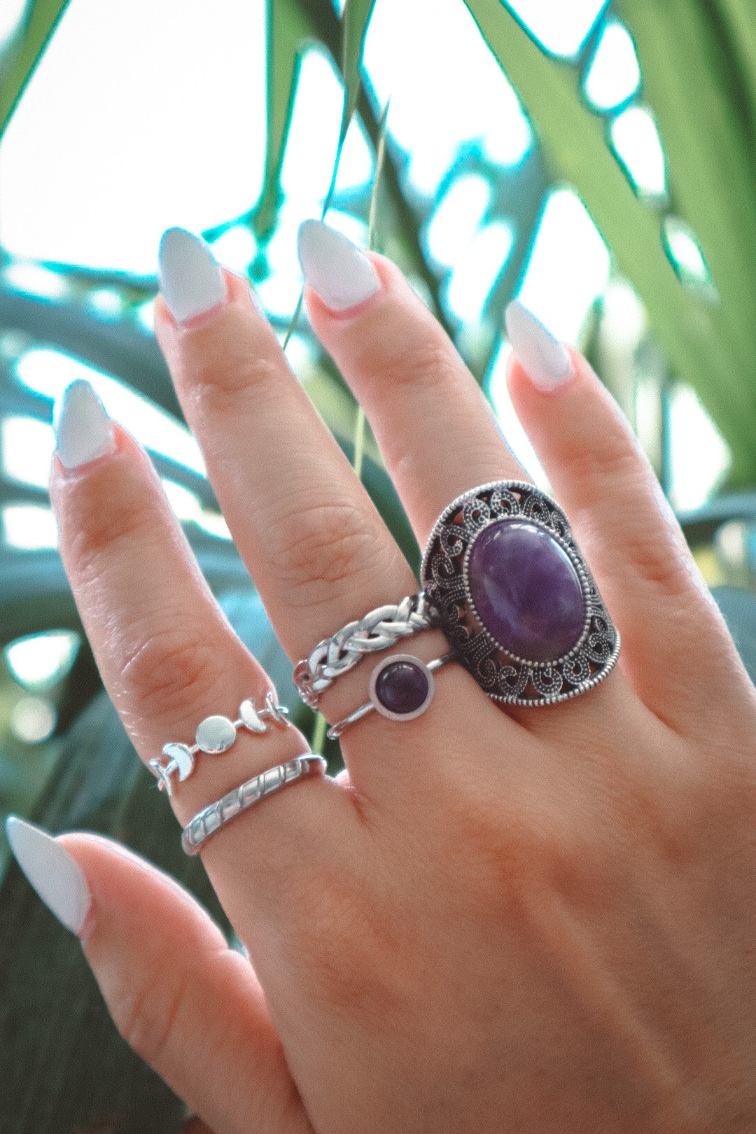 5 Pcs Ring Set Amethyst Ring Set - Silver