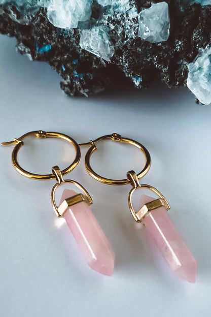 Rose Quartz Hoop Earrings Gold