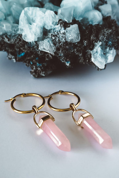 Rose Quartz Hoop Earrings Gold