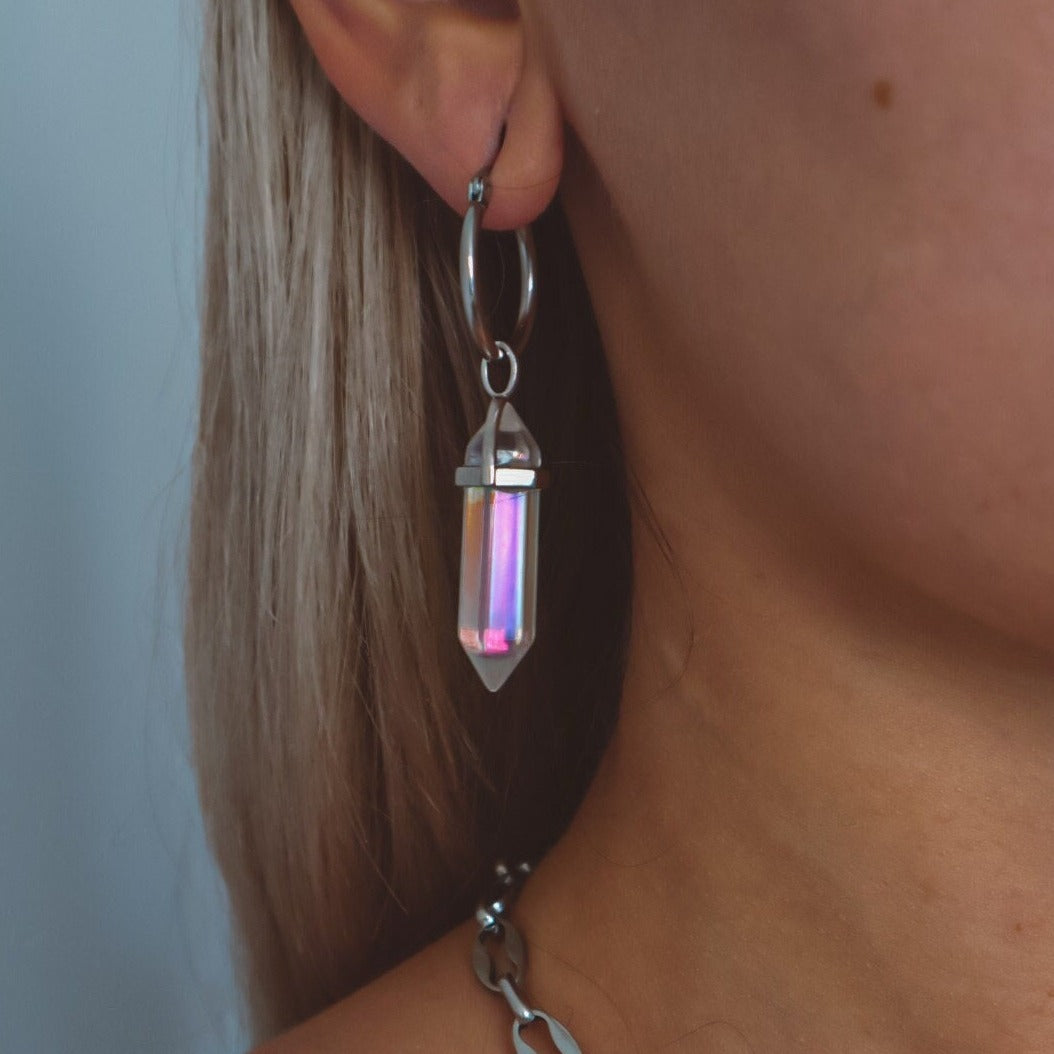 earrings with gemstone, earring for women, earring jewelry, dangling gem earrings,  gemstone dangle earrings,Rainbow Angel Aura Quartz Huggie Earrings Hoops Silver, bohemian crystal earrings jewelry, boho jewellery, gemstone hoop, crystal and silver, 