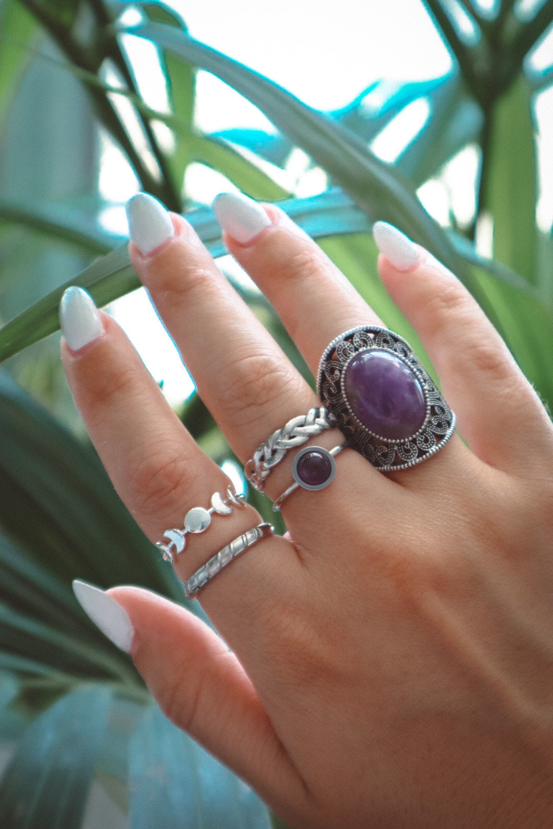 5 Pcs Ring Set Amethyst Ring Set - Silver