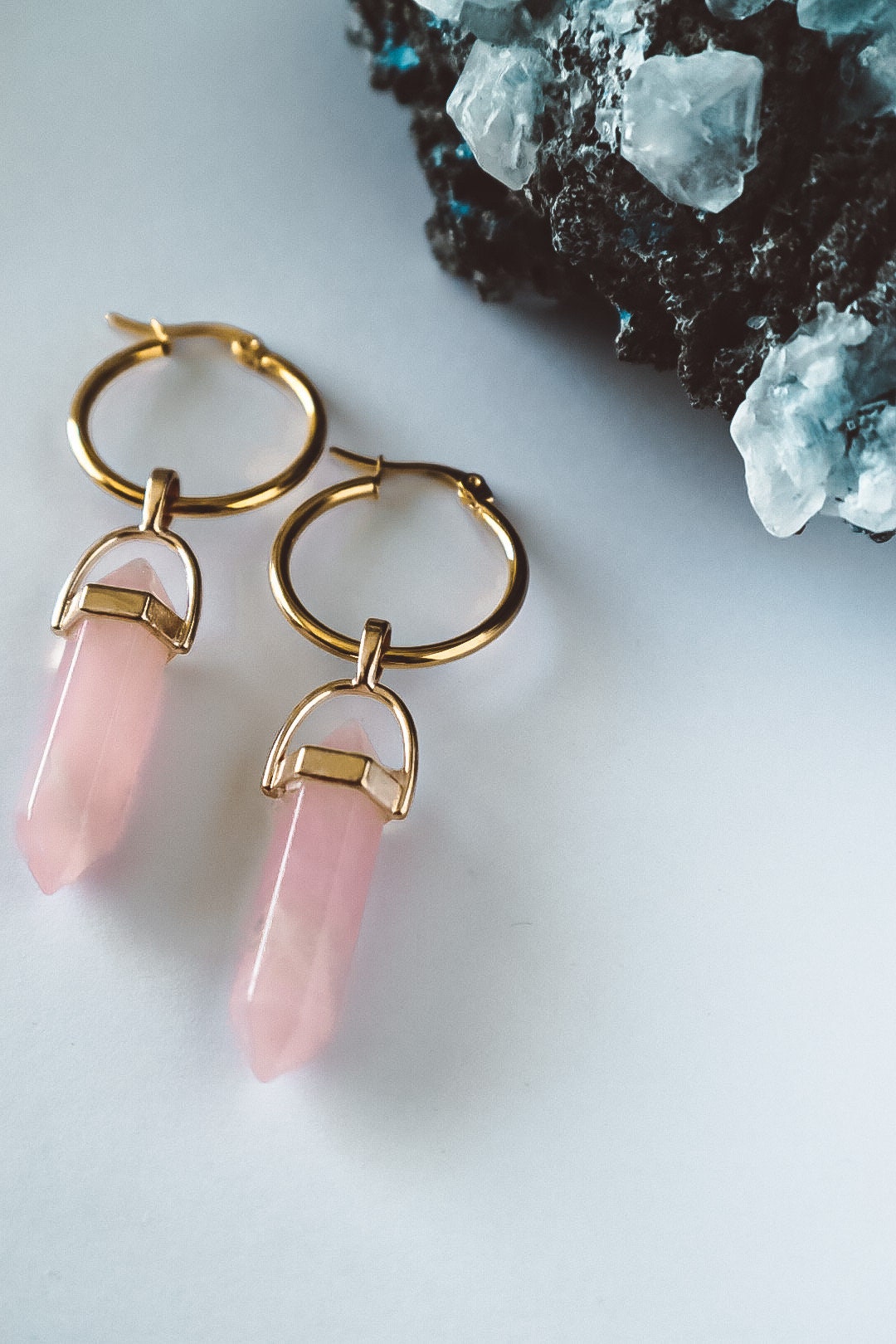 Rose Quartz Hoop Earrings Gold