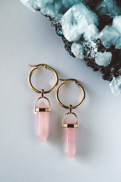 Rose Quartz Hoop Earrings Gold