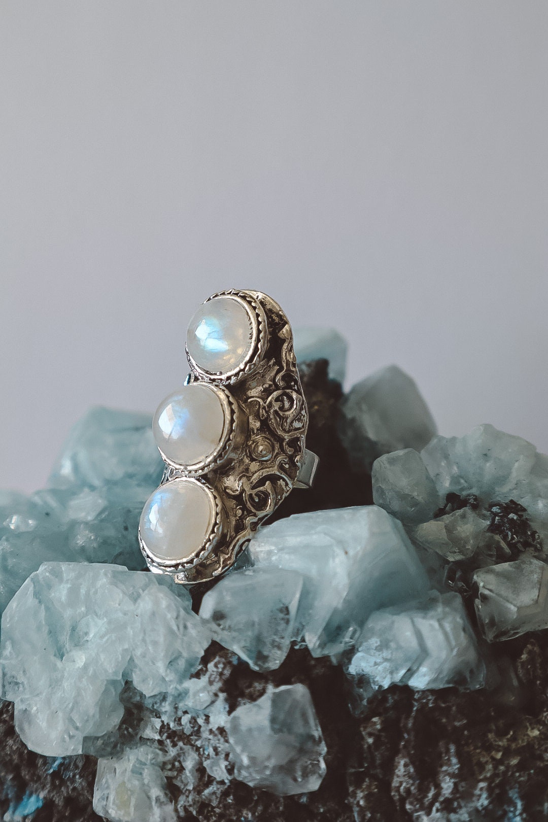 Rainbow Moonstone Bohemian Ring - Silver