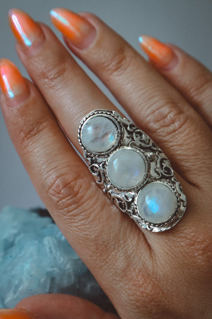 Rainbow Moonstone Bohemian Ring - Silver