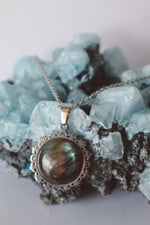 Load image into Gallery viewer, Fire Labradorite Statement Pendant Necklace - Silver

