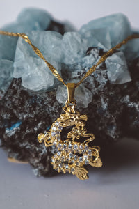Zircon Dragon Pendant Necklace - Gold