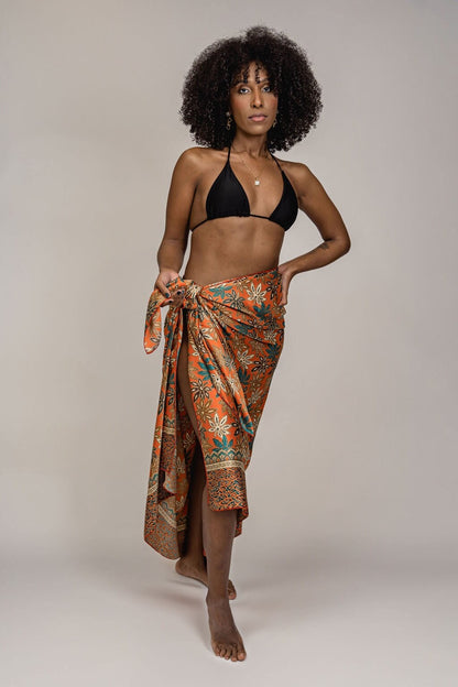 Orange Floral Silk Sarong Shawl Womens