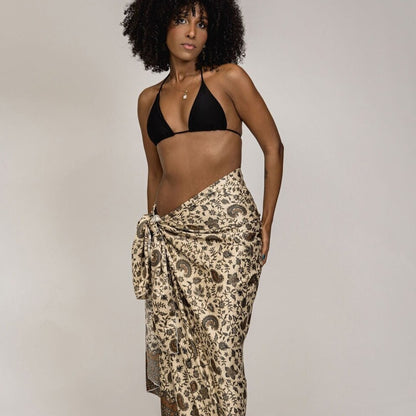 Beige Brown Floral Silk Sarong Shawl Womens