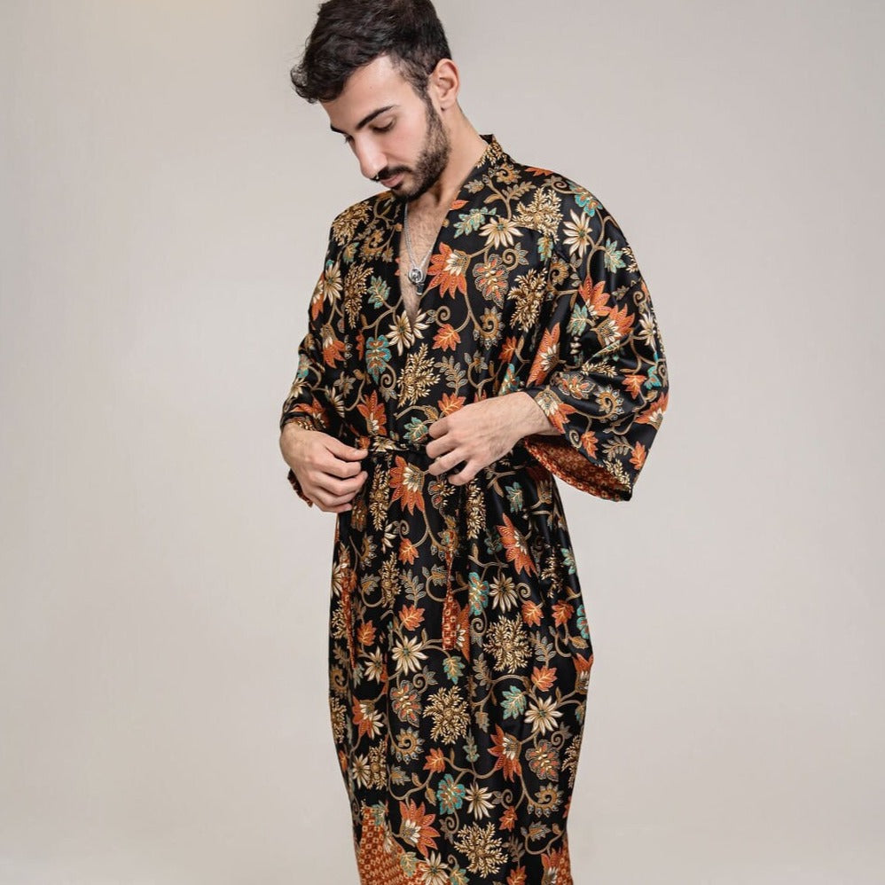 Mens Black Orange Floral Silk Long Kimono Robe