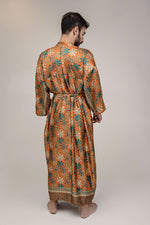 Load image into Gallery viewer, Mens Orange Blue Floral Silk Long Kimono Robe
